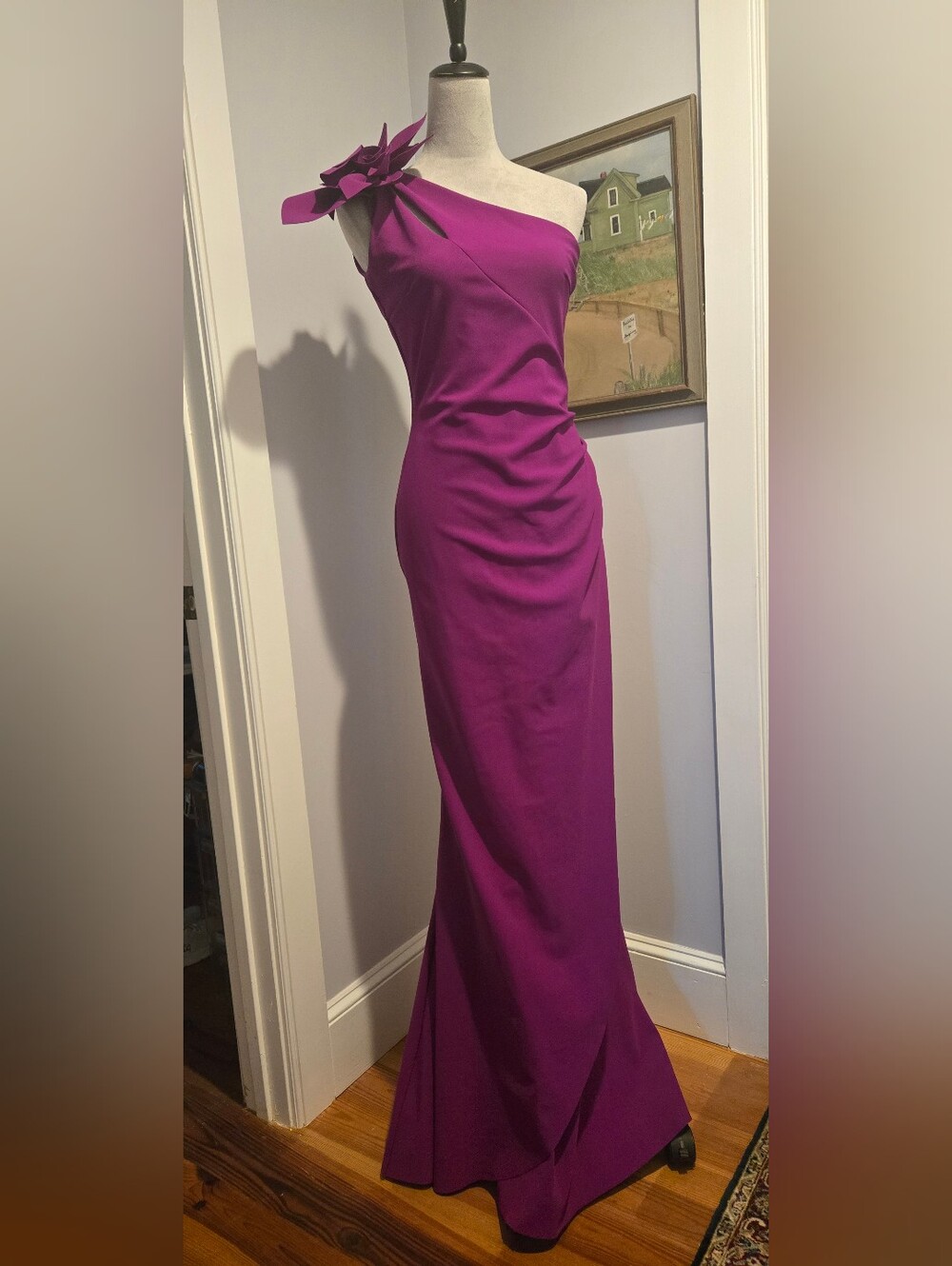 Chiara Boni One-Shoulder Magenta Gown 61" lengtg 3D Bow stretchy fits 4, 6, 8